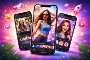 Imagem de três smartphones exibindo aplicativos de edição com inteligência artificial, mostrando pessoas em vídeos dinâmicos e coloridos, com efeitos visuais vibrantes e elementos que remetem à criação de vídeos virais.