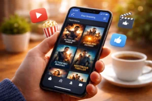 Pessoa segurando smartphone com aplicativo de streaming exibindo catálogo de filmes gratuitos para assistir online.