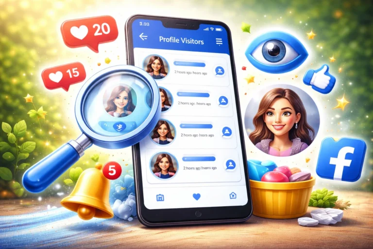 Smartphone exibindo aplicativo que analisa visitantes do perfil no Facebook, com lupa, ícones de curtidas e interface de monitoramento de atividades.