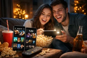 Casal sorrindo no sofá assistindo filmes pelo celular, com pipoca e bebidas, em ambiente aconchegante e iluminado por luzes quentes.