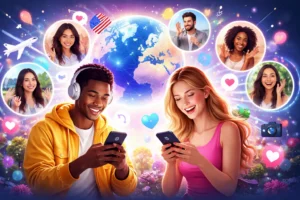 Pessoas sorrindo usando o celular enquanto perfis e ícones de conversa aparecem ao redor de um globo, representando conexões e amizades com pessoas do mundo todo.