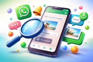 Smartphone mostrando conversa no WhatsApp com lupa analisando mensagens apagadas, fotos e notificações, representando apps que recuperam mensagens deletadas.