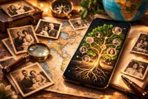 Aplicativo de árvore genealógica exibido no celular com fotos de antepassados e documentos antigos ao redor.