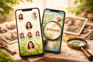 Celulares exibem aplicativo de árvore genealógica e busca por sobrenome, com fotos antigas, mapa e lupa representando a origem da família.
