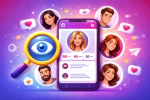 Ilustração de um smartphone exibindo um perfil estilo Instagram, cercado por avatares de pessoas, ícones de curtidas e uma lupa destacando visualizações do perfil.