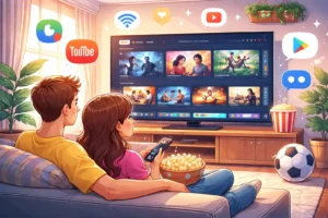 Casal assistindo conteúdo em uma Smart TV com interface de streaming, segurando controle e celular, com pipoca na sala, representando aplicativos de Google TV e entretenimento digital.