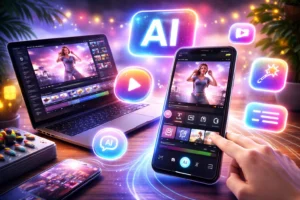 Smartphone e laptop exibindo aplicativos de criação de vídeos com inteligência artificial, com elementos visuais coloridos representando edição, efeitos e conteúdo digital em ambiente moderno.