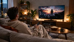 Homem assistindo TV em uma sala moderna e aconchegante à noite, sentado no sofá com cobertor, controle remoto na mão e iluminação suave criando um clima confortável de cinema em casa.