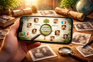 Pessoa segurando celular com árvore genealógica exibida na tela, cercada por fotos antigas, lupa e objetos vintage que representam pesquisa sobre origem familiar.