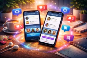 Dois celulares exibindo aplicativos de análise do Instagram com ícones de curtidas, seguidores e visualizações flutuando ao redor.