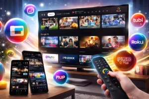 Smart TV exibindo diversos conteúdos de entretenimento com smartphone e tablet ao lado, representando aplicativos de TV com muitos canais disponíveis em ambiente moderno e iluminado.