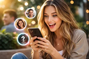 Mulher sorrindo olhando para o celular ao ar livre, com ícones de perfis e interações flutuando ao redor, sugerindo pessoas visualizando seu perfil.