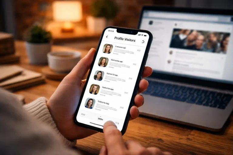 Pessoa segurando um celular com tela mostrando lista de visitantes de perfil, em um ambiente aconchegante com notebook ao fundo.
