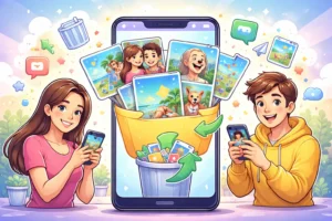 Celular exibindo aplicativo de recuperação de fotos com imagens restauradas saindo de uma lixeira digital, representando apps para recuperar fotos deletadas grátis no celular. 📷📱