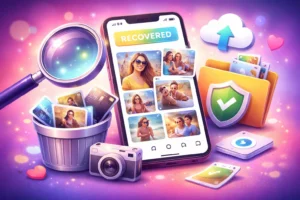 Ilustração de smartphone exibindo fotos recuperadas na tela, cercado por ícones de recuperação, como lupa, nuvem, escudo e arquivos, em um cenário colorido e vibrante.