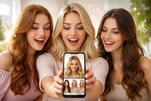Três mulheres sorrindo olhando para um celular que mostra simulação de diferentes cortes e cores de cabelo com inteligência artificial.