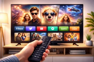 Pessoa segurando controle remoto em frente a uma smart TV exibindo interface com filmes, séries e canais gratuitos, representando conteúdos liberados no Google TV.