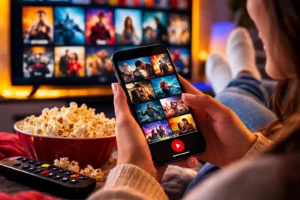 Pessoa relaxando no sofá enquanto segura um celular com catálogo de filmes e séries na tela, com pipoca e TV ao fundo, representando aplicativos para assistir filmes e séries no celular.
