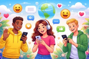 Ilustração de jovens usando smartphones para conversar em aplicativos de bate-papo, com ícones de mensagens, emojis e um globo ao fundo representando amizades e conexões globais pela internet.