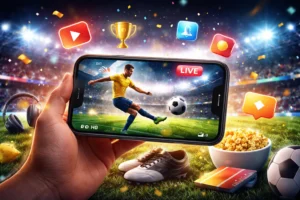 Pessoa segurando celular assistindo jogo de futebol ao vivo em alta qualidade, com estádio ao fundo e elementos de entretenimento ao redor.