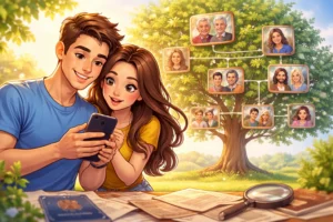 Casal olhando celular enquanto explora árvore genealógica digital com fotos de familiares e documentos antigos ao redor, representando descoberta das origens da família.