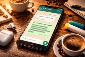 Celular sobre mesa de madeira mostrando conversa do WhatsApp com mensagem recuperada, cercado por café, fones e itens de escritório em iluminação quente.