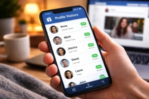 Pessoa segurando celular com aplicativo que mostra possíveis visitantes do perfil do Facebook, representando descoberta de quem espionou seu perfil.