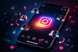 Smartphone exibindo interface do Instagram com ícones de perfis conectados ao redor da tela, fundo escuro com elementos digitais e sensação de monitoramento de visitantes e interações.