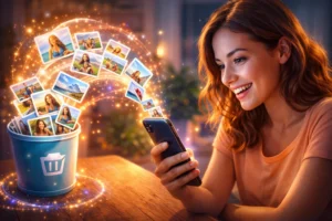 Menina usando celular enquanto fotos apagadas saem de uma lixeira digital e voltam para o smartphone, representando aplicativo para recuperar fotos excluídas. 📸📱