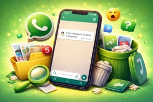 Ilustração de um smartphone exibindo uma conversa com mensagem apagada no WhatsApp, cercado por ícones de mídia, lupa e lixeira representando recuperação de dados.