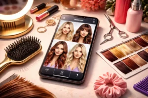 Celular exibindo aplicativo que permite testar cortes e cores de cabelo, com diferentes estilos e tons simulados na tela, ao lado de escova, tesoura e amostras de cores de cabelo. 💇‍♀️📱