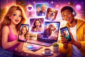 Duas pessoas usando o celular enquanto mostram fotos sendo animadas em vídeos, com ícones digitais e elementos criativos ao redor, representando criação de conteúdos virais com inteligência artificial.