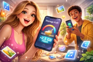 Mulher sorrindo segurando celular com mensagem de armazenamento liberado enquanto outra pessoa ao fundo também usa app de limpeza, com ícones de arquivos e memória ao redor.