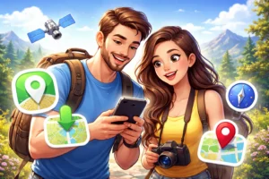 Ilustração de um casal sorrindo ao ar livre usando um smartphone para navegação, com ícones de GPS, mapa e satélite ao redor, representando uso de aplicativo de localização offline.