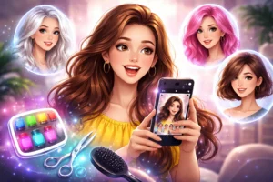 Ilustração de uma mulher sorrindo usando um aplicativo no celular para testar diferentes estilos e cores de cabelo, com variações de penteados ao redor e elementos de salão de beleza.