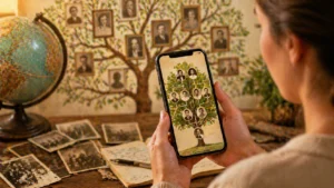 Pessoa usando aplicativo no celular para montar árvore genealógica, com fotos antigas, mapa-múndi e mural familiar ao fundo em ambiente acolhedor.