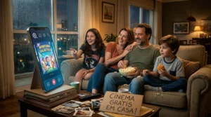 Família reunida no sofá assistindo conteúdo em um celular grande com interface de filmes, com pipoca e fotos sobre a mesa, em um ambiente aconchegante à noite.