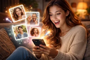 mulher usando aplicativo de IA no celular enquanto fotos ganham vida com efeitos animados em ambiente aconchegante à noite