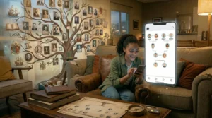mulher usando aplicativo de árvore genealógica no celular em sala aconchegante com mural de fotos familiares formando uma árvore ao fundo