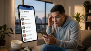 Homem sentado no sofá olhando surpreso para o celular enquanto uma interface ampliada mostra visitantes do perfil, em uma sala moderna ao entardecer.