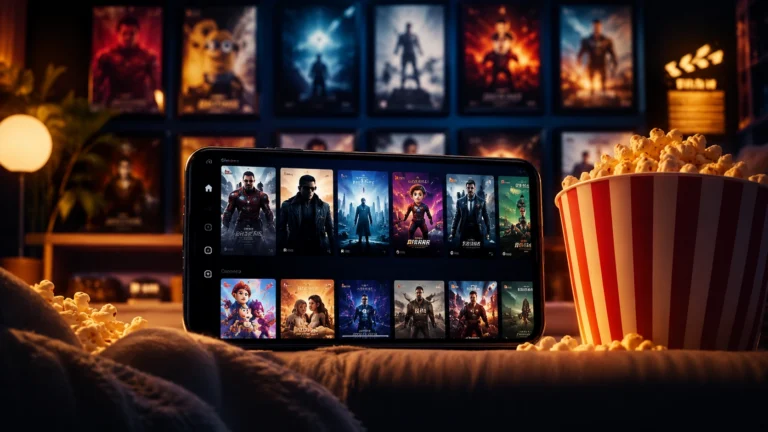 Pessoa assistindo filmes pelo celular em uma sala aconchegante com pipoca e ambiente estilo cinema em casa.