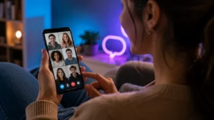 Mulher usando aplicativo de bate papo no celular durante chamada de vídeo com várias pessoas em ambiente aconchegante e iluminado.