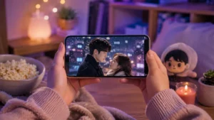 Pessoa assistindo novela coreana no celular em ambiente aconchegante com luzes suaves, pipoca e clima confortável de maratona de doramas.