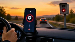 Motorista dirigindo com celular no painel exibindo alerta de radar no mapa, enquanto um radar com luz vermelha aparece na estrada ao pôr do sol.