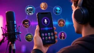 Pessoa usando fones de ouvido segurando um celular com aplicativo de mudança de voz na tela, cercado por ícones de diferentes personagens e ondas sonoras coloridas.