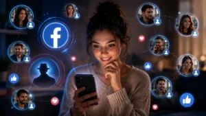 Mulher olhando o celular enquanto ícones de redes sociais, perfis conectados e elementos do Facebook aparecem ao redor em ambiente moderno e tecnológico.