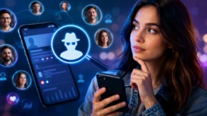 Mulher segurando celular enquanto analisa possíveis visitantes do perfil do Facebook, com elementos digitais, perfis flutuantes e ícone de espionagem em destaque ao fundo.