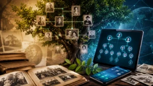 Árvore genealógica digital combinando fotos antigas de família, documentos históricos, tablet moderno e conexões familiares iluminadas, representando pesquisa de sobrenome e ancestralidade.