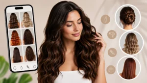 Mulher com cabelos longos e brilhantes observando diferentes estilos de penteado exibidos em um smartphone, representando um aplicativo de simulação de cortes, cores e transformações capilares de forma virtual.