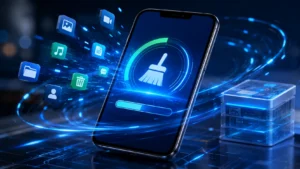 Smartphone exibindo uma interface de limpeza e otimização de memória em um ambiente tecnológico futurista. Ícones de aplicativos flutuam ao redor do aparelho enquanto efeitos luminosos azuis representam a liberação de espaço, melhoria de desempenho e aceleração do celular. Ao fundo, elementos digitais reforçam a ideia de organização e gerenciamento inteligente da memória do dispositivo.
